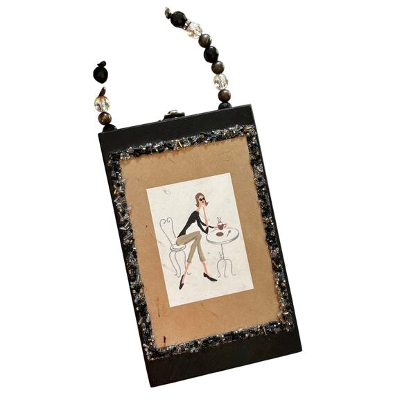 Cigar box purse hand made top handle bag painted beaded lined black tan wood - Picture 10 of 10